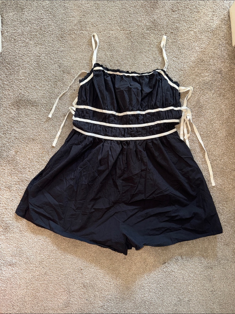 Women's Black Smocked Romper with Cream Tie Straps